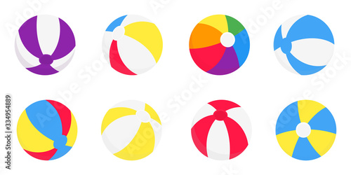 Beach balls flat style design vector illustration icon signs isolated on white background. Retro styled toy for summer games or holidays balls in various colors and positions.