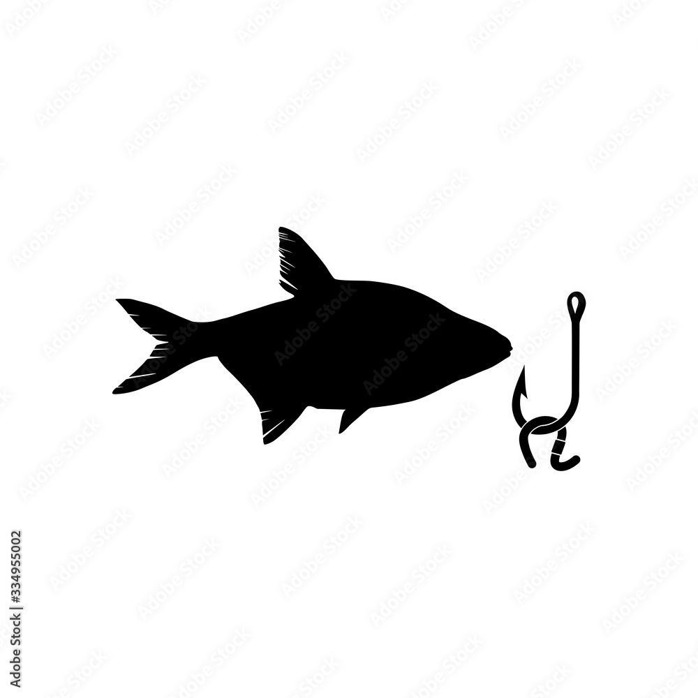 Fish and hook glyph icon on white background Fish and hook glyph icon on white background
