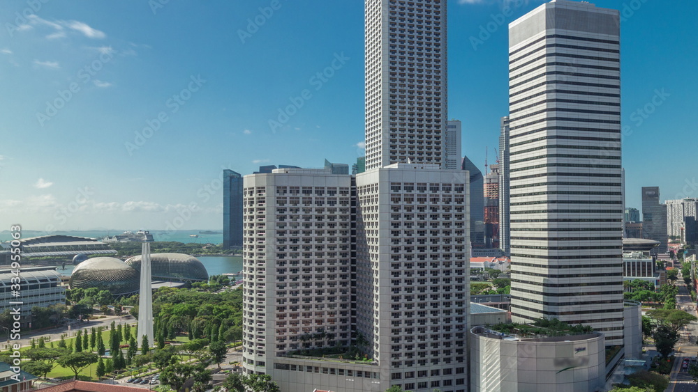 A beautiful morning panorama with Marina Bay area and skyscrapers city skyline aerial timelapse hyperlapse. A beautiful morning panorama with Marina Bay area and skyscrapers city skyline aerial timelapse hyperlapse.