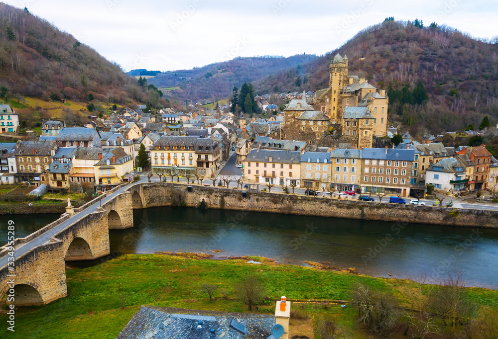 Landscape of Estaing with Chateau and bridge