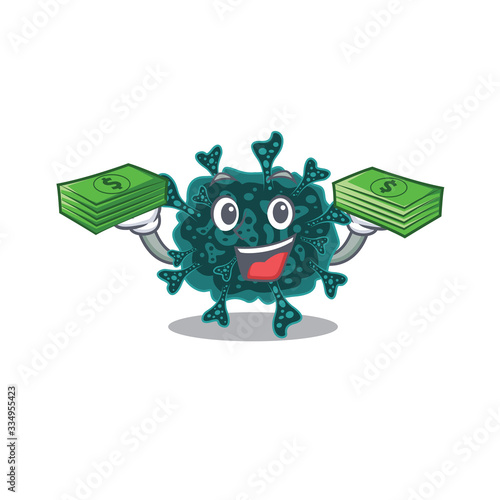 A wealthy herdecovirus cartoon character having money on hands photo