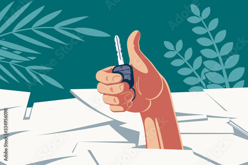 Successful deal with a vehicle. A hand with a car key in the palm, breaking through a pile of documents, shows a thumb up indicating successful paperwork.