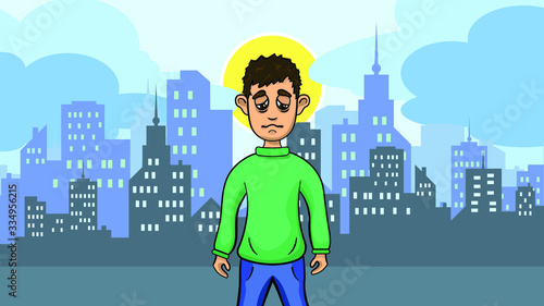 Sad man in depressed walking on street. Day city background with sun and clouds . Vector illustration.