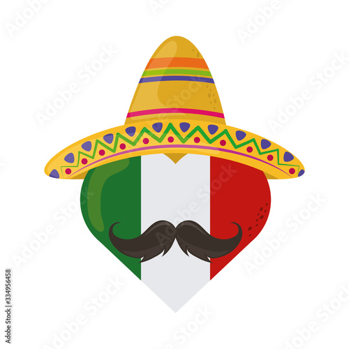 mexican flag shaped heart with hat and mustache cinco de mayo celebration flat style icon