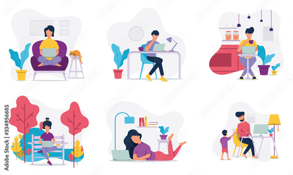 Freelance people work in comfortable conditions set vector flat illustration. Freelancer character working from home or work in the park with ease. man and woman freelancers working at home.