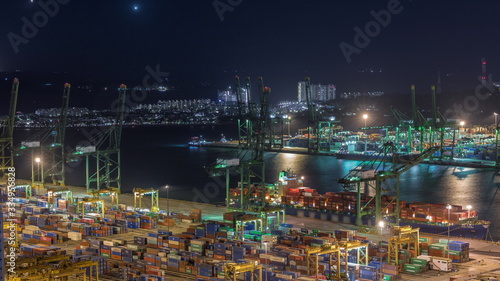 Commercial port of Singapore aerial night timelapse.