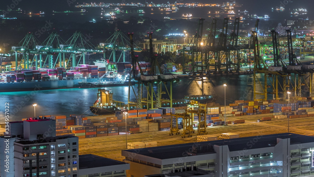 Commercial port of Singapore aerial night timelapse.