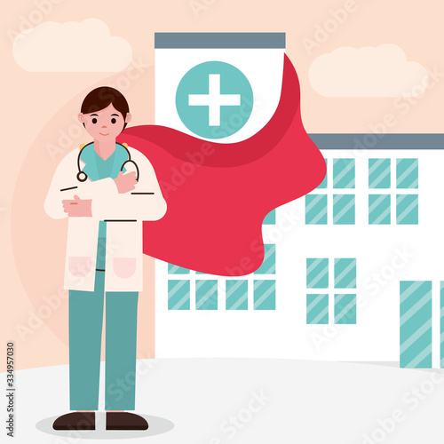 doctor hero, professional physician with cape in hospital