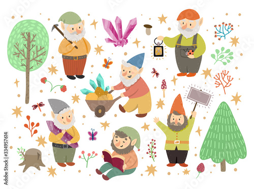 Collection of classic garden gnomes, set of cute fairytale cartoon characters.Different Situations. fantastic gnome elf character poses a magical world. Vector illustration isolated on white.