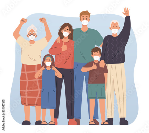 Family wearing face mask. Preventive measures against coronavirus