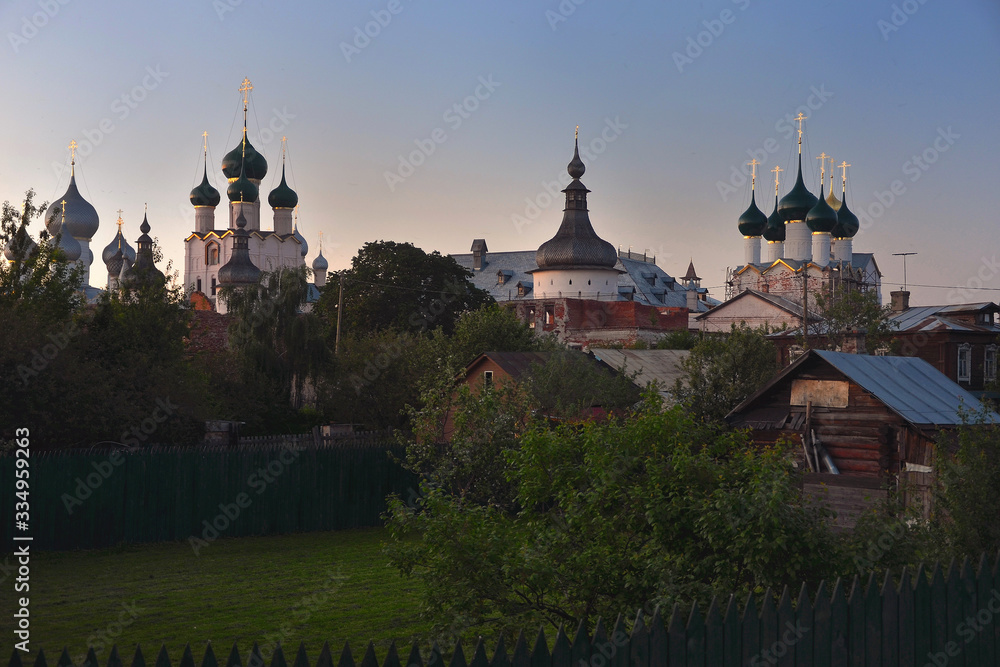 Church at sunset Russia, Rostov the Great: Lake Nero and Orthodox churches and monasteries at sunset. 