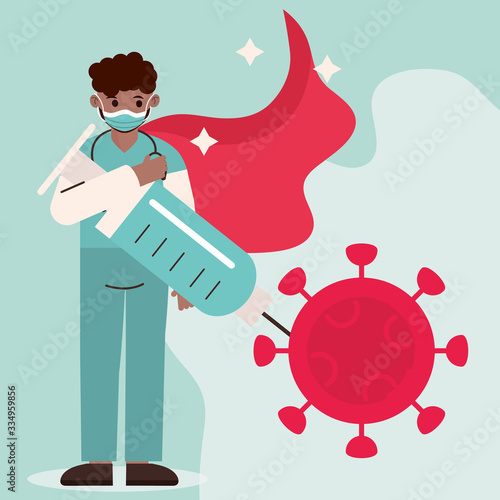 doctor hero, afro american physician with syringe injecting with cape