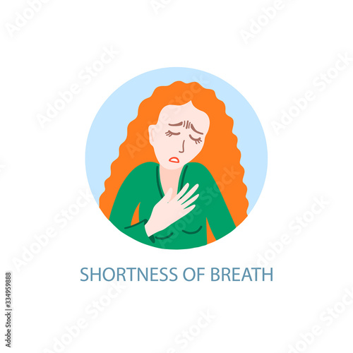 shortness of breath - symptom of coronavirus, hand drawing icon, sick girl with red hair tries to breathe