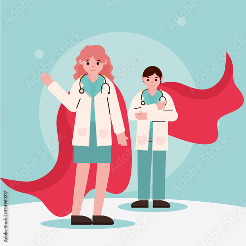 doctor hero, physicians female and male practitioner with capes