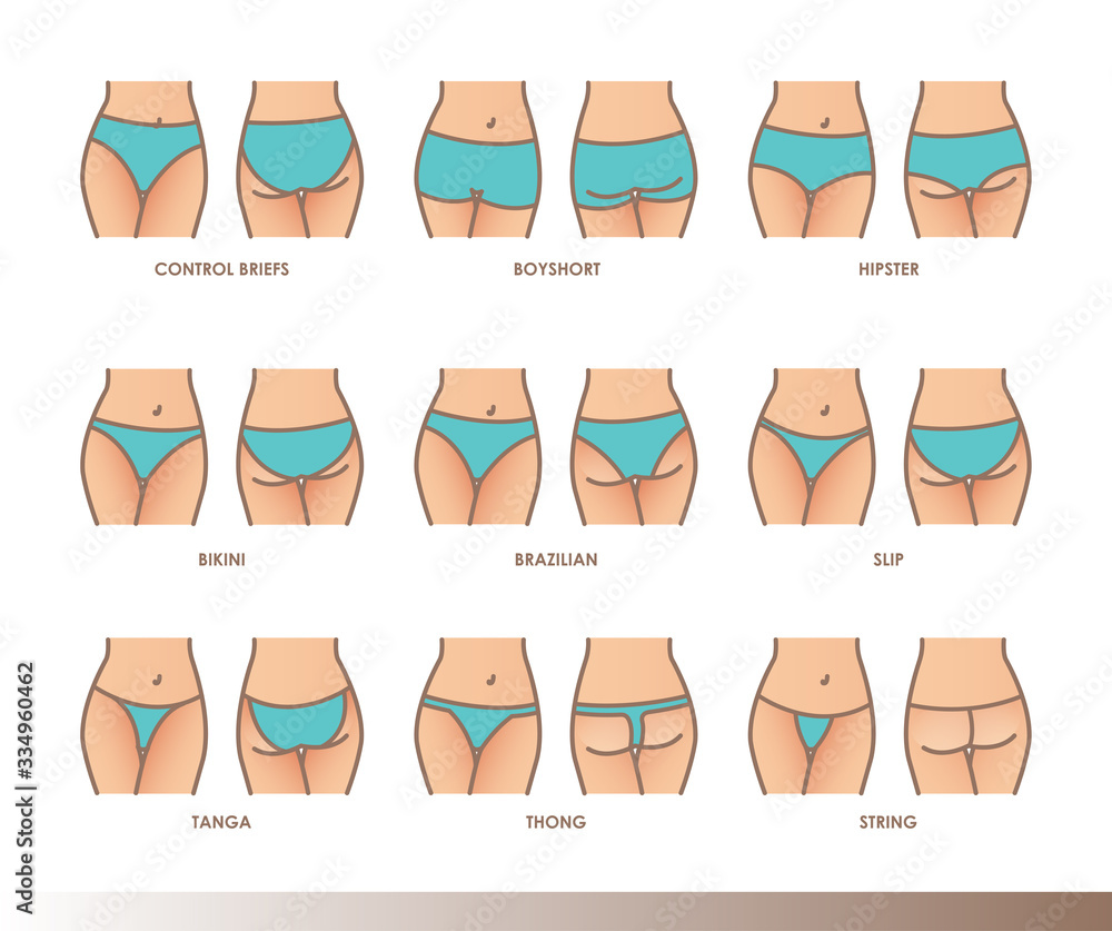Vettoriale Stock Types of panties , women underwear. Lingerie. Bikini,  string, hipsters underpants vector illustrations | Adobe Stock