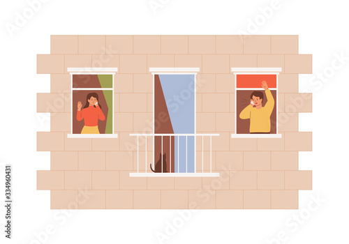 Two people speak mobile phones looking out of neighboring windows. Friends stays at home in a quarantine and communicate from a distance. Measures to prevent the spread of coronavirus. vector