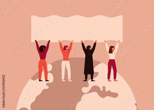 Strong women different nationalities and cultures stand together on the Earth and raise up blank poster. Vector concept of the female's empowerment movement and Environment conservation