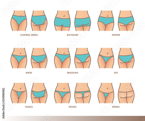 Types of panties , women underwear. Lingerie. Bikini, string, hipsters  underpants vector illustrations vector de Stock | Adobe Stock