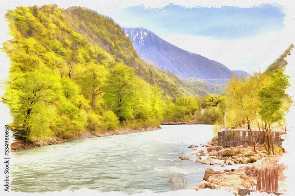 Baksan River. Imitation of a picture. Oil paint. Illustration Baksan River. Imitation of a picture. Oil paint. Illustration