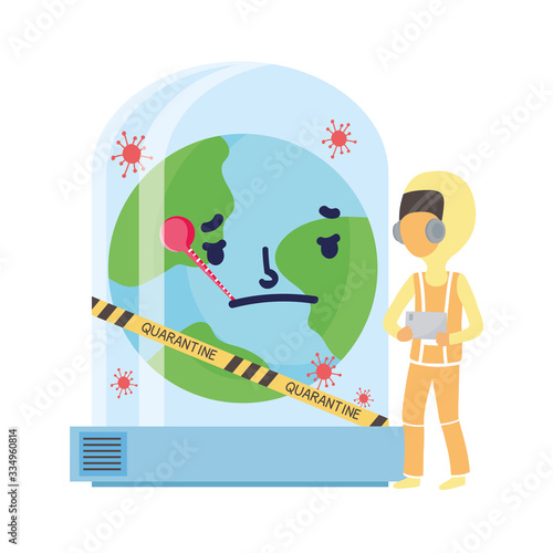 covid 19 coronavirus pandemic, physician with suit and world with thermometer in quarantine
