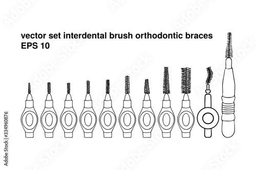 Set interdental brush orthodontic braces. Pipe-cleaner dental product personal oral hygiene at home in bathroom. Vector isolated flat doodle realistic drawing with black outline white background icon.