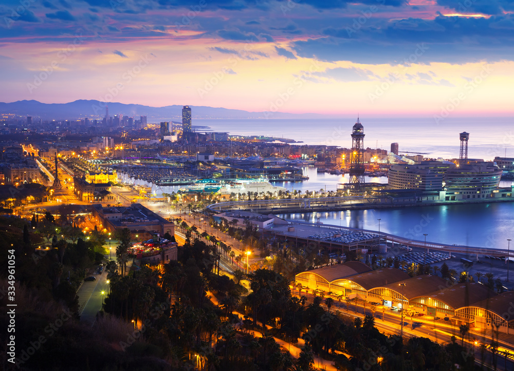 View to  Barcelona and Mediterranean in dawn