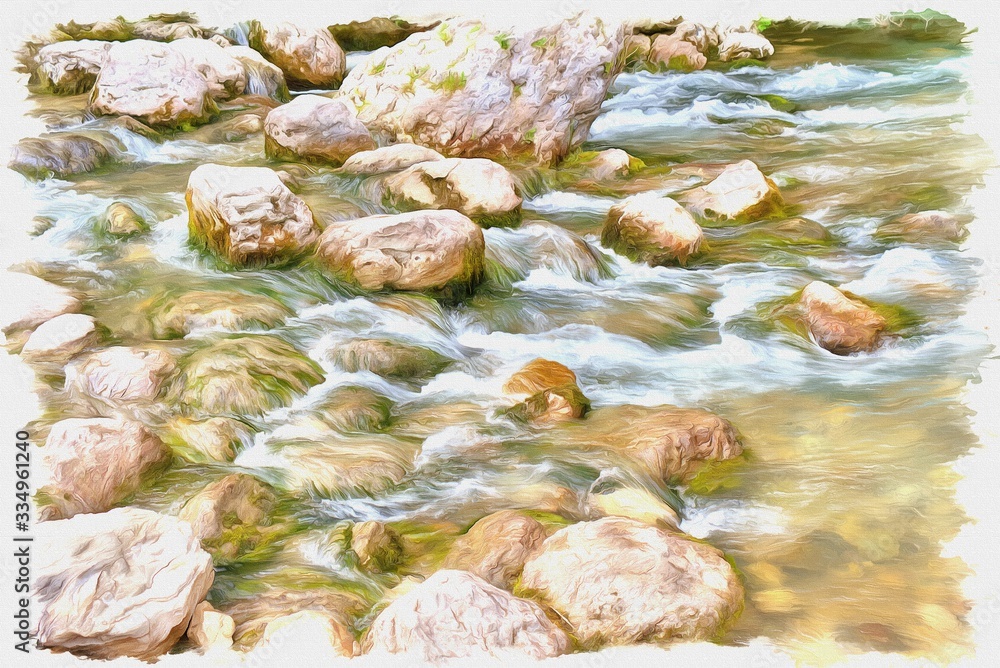 Baksan River. Imitation of a picture. Oil paint. Illustration Baksan River. Imitation of a picture. Oil paint. Illustration