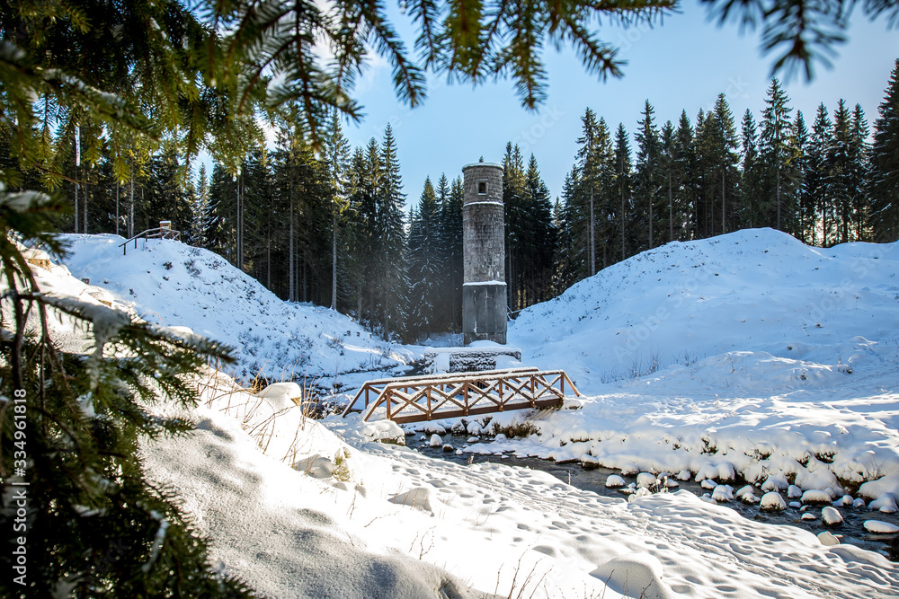 Winter landscape of Jizera Mountains around The Ruptured dam on Black Desna river