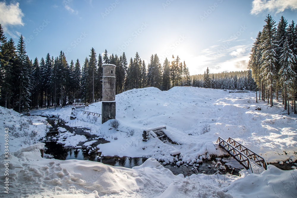 Winter landscape of Jizera Mountains around The Ruptured dam on Black Desna river