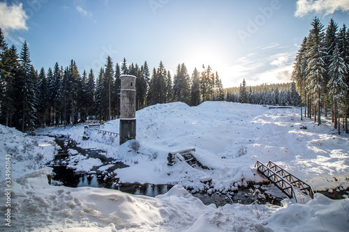 Obraz na płótnie Winter landscape of Jizera Mountains around The Ruptured dam on Black Desna river w salonie