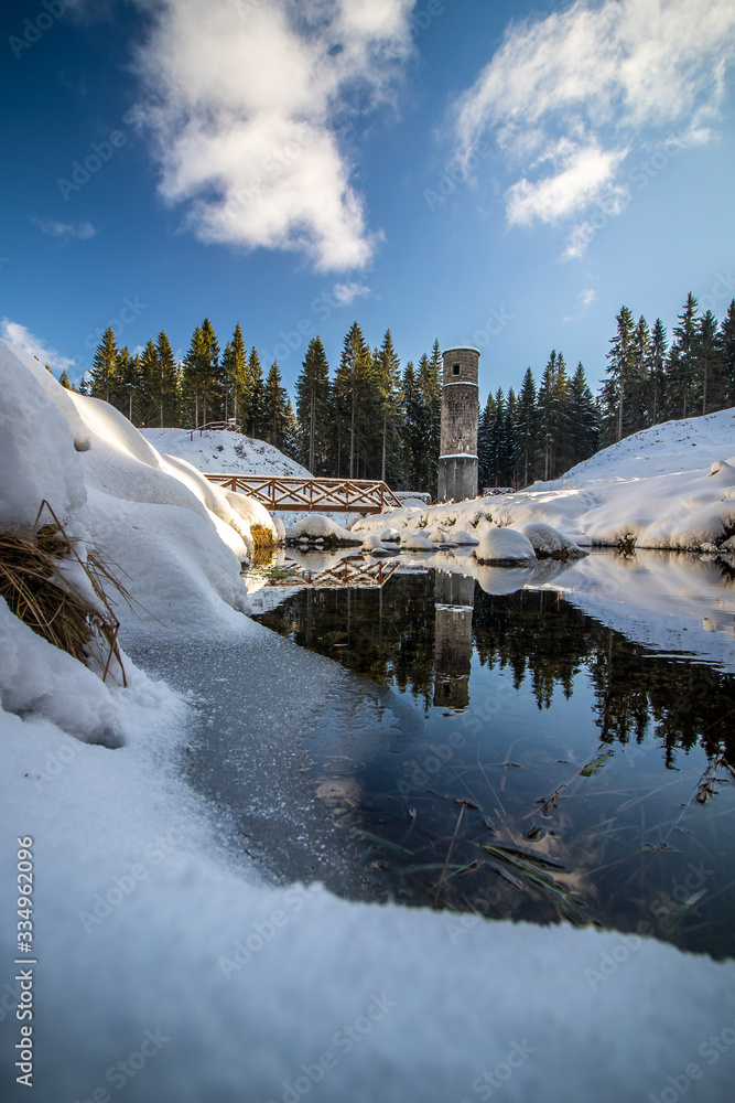 Winter landscape of Jizera Mountains around The Ruptured dam on Black Desna river