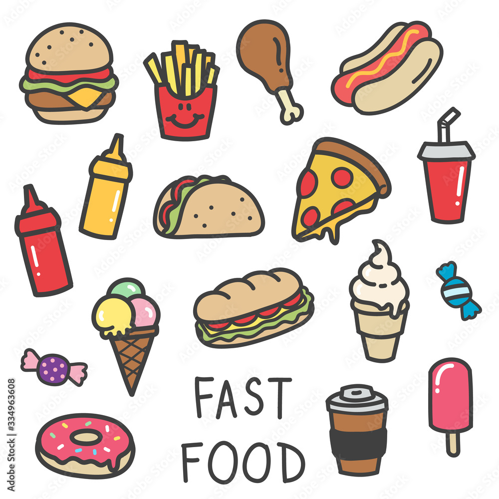 set of cute cartoon doodle style fast food icons illustration Stock Vector  | Adobe Stock