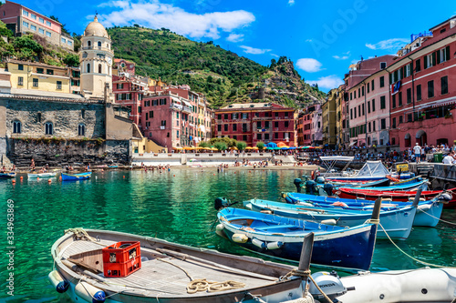 Horizontal View of Boats Moored in the Bay of Vernazza at Summer.