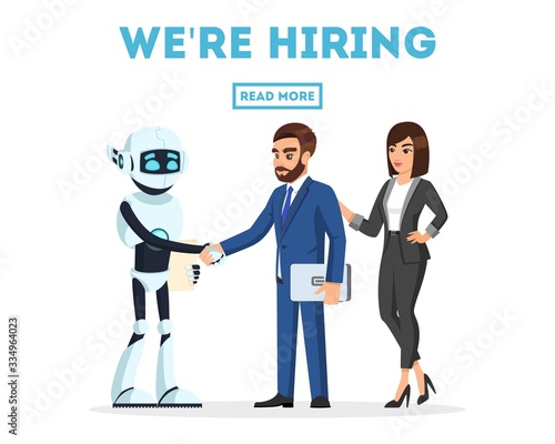 Bearded businessman and businesswoman meet a new colleague, anthropomorphous machine, artificial intelligence joyfully, shaking hands. Welcome to team. We re hiring. Vector template for web design.