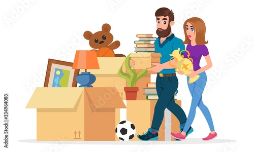 Young family collecting things to move to other housing, flat. Man and woman carrying books and vase near pile of cardboard boxes, picture, plant, ball, teddy bear, table lamp. Vector cartoon on white