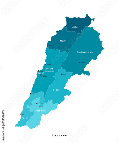 Vector modern isolated illustration. Simplified administrative map of Lebanon in blue colors. White background and outlines. Names of big cities and governorates. photo
