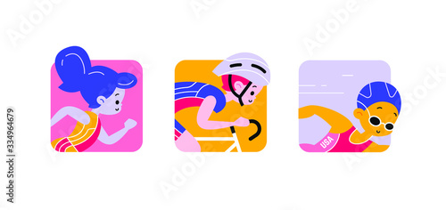 vector cartoon flat style triathlon icon set