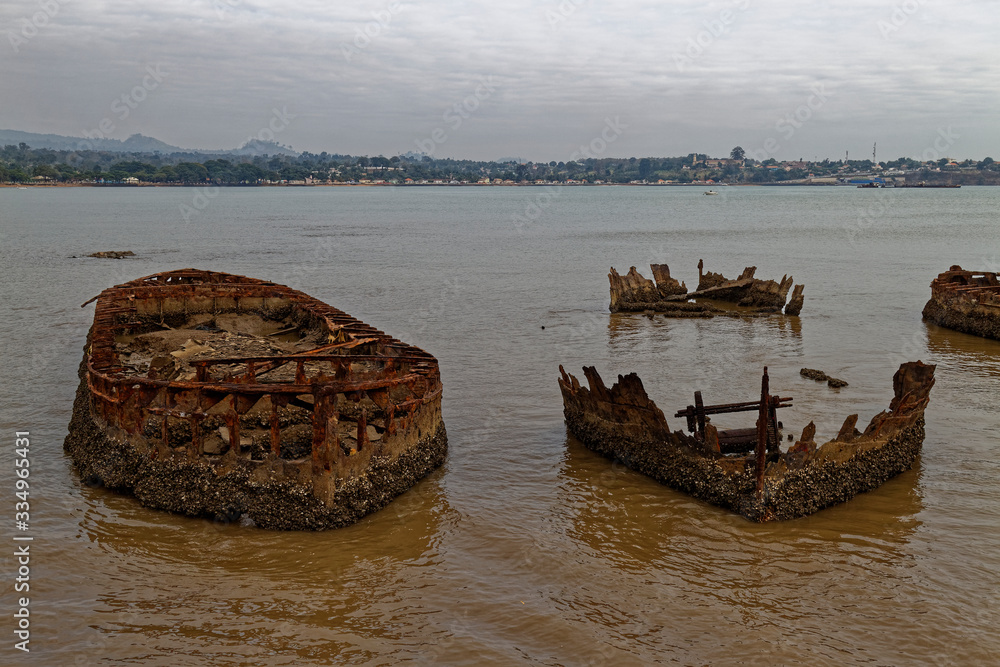 Several rusting Wrecks of boats lie abandoned on Sao Tome Island where the Previous Owners just ran them on to the Beach and abandoned them, Sao Tome Island, West Africa.