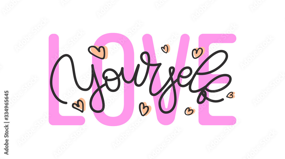 Love yourself hand drawn slogan. Vector illustration with lettering typography and hearts isolated on white background. Motivational quote for poster, t shirt, banner, card, sticker, badge, ad, pin