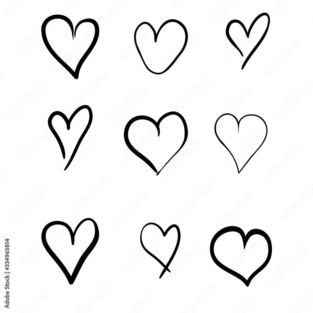 Set of nine hand drawn heart. Handdrawn rough marker hearts isolated on white background. Vector illustration for your graphic design