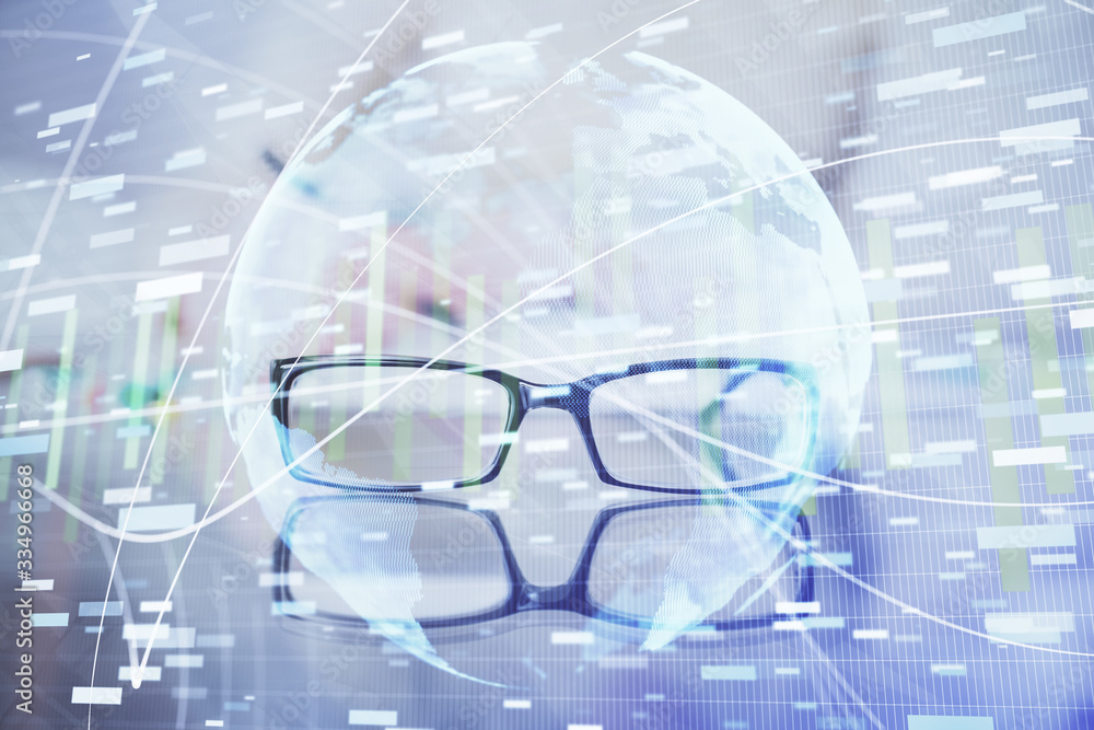 International business hologram over woman's hands taking notes background. Concept of success. Double exposure
