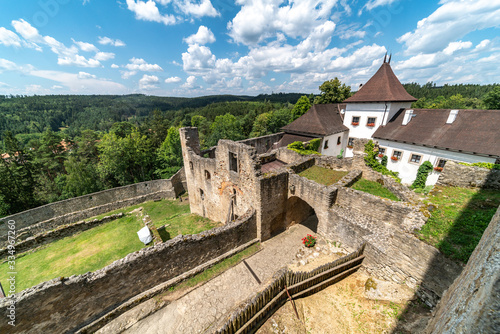 Landstejn Castle Ruins. View of ruined walls from castle tower. photo