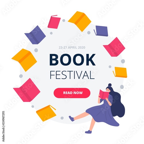 Modern flat and simple design banners and ad template for a book festival, reading club, world book day. Circle concept with flying books. Colorful vector illustration with a young woman reads books. 