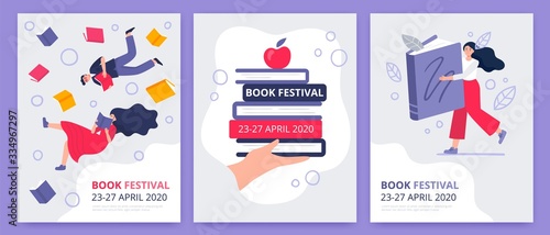 Posters of the book festival. The girl read a giant book, human handholds a stack of new bestsellers, a couple flying in book space. Colorful vector illustration for festivals, event promoters.