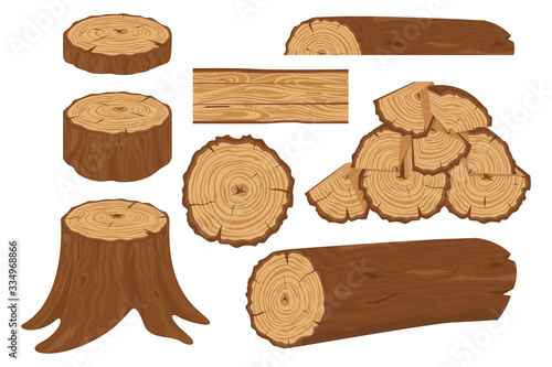 Collection of tree logs, planks, stump, twigs and trunks in cartoon flat style. Wood trunks. Stacked lumber material, trunk twig and firewood logging twigs. Tree stump, old wooden plank or timber log