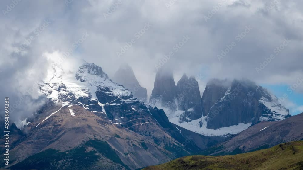 Time Lapse of Snow Capped Andes Peaks and Moving Clouds in Torres Del Paine National Park, Patagonia, Chile Time Lapse of Snow Capped Andes Peaks and Moving Clouds in Torres Del Paine National Park, Patagonia, Chile