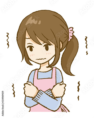 体調不良で寒気を感じる女性　アップヘア　上半身