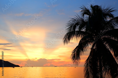 Fototapeta Naklejka Na Ścianę i Meble -  Coconut trees by the sea and tropical sky in the evening