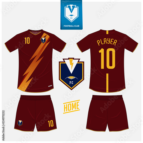 Soccer jersey or football kit mockup template design for sport club. Football t-shirt sport, shorts mock up. Soccer uniform in front view, back view . Football logo in flat design. Vector Illustration