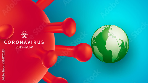 New Coronavirus 2019-nKoV. The covert virus 19-NKP. Background with realistic 3d red viral cells. Symbol of danger. Latest news. Vector